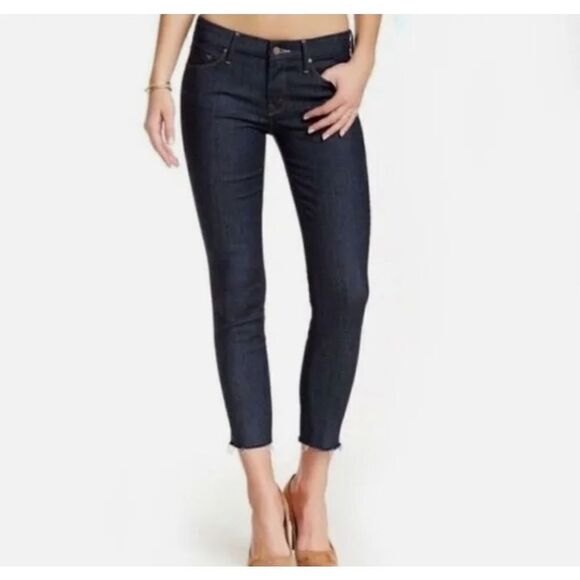 Mother The Looker Ankle Fray Jean Raw Cut Crop Stretch Denim So Good Dark Wash s - Picture 1 of 6